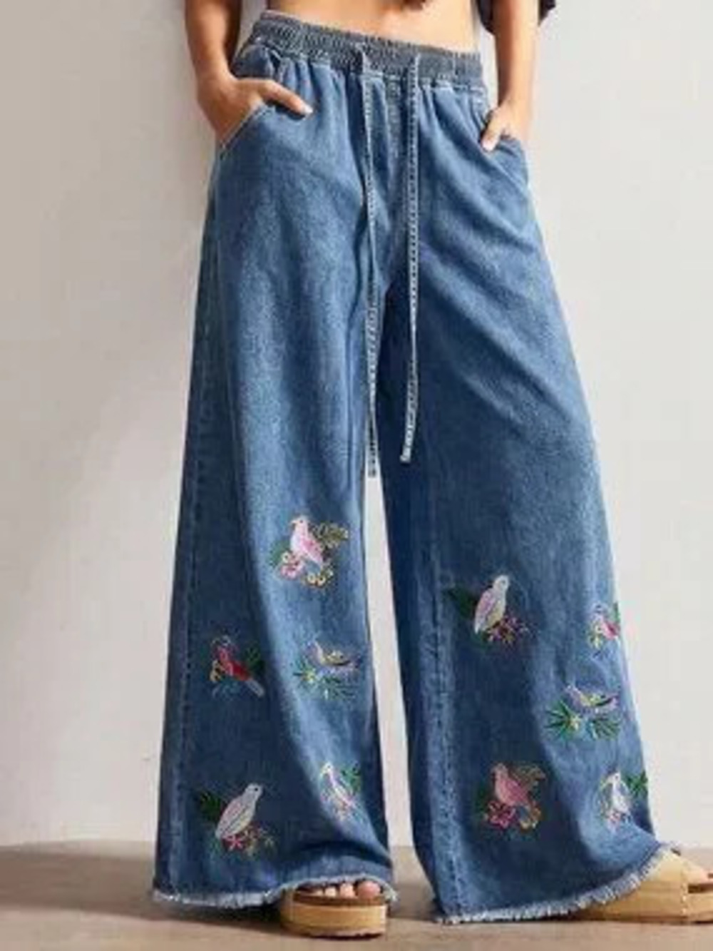 Blue Casual Women's Woven Loose Embroidered Wide Leg Long Pants